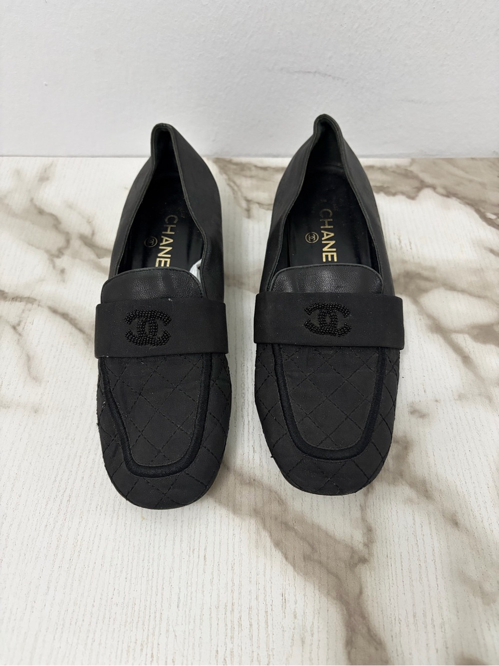 CHANEL Quilted Satin Leather Beaded CC Logo Loafers Flats Black Size 39C G34345